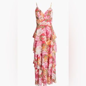 Women’s Floral V-Neck Tiered Gown with Adjustable Straps & Built-in Bra Padding